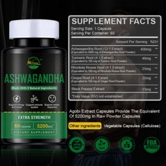 Organic Ashwagandha Capsules 5200mg Supplement w/ Black Pepper Root Powder 60Pcs