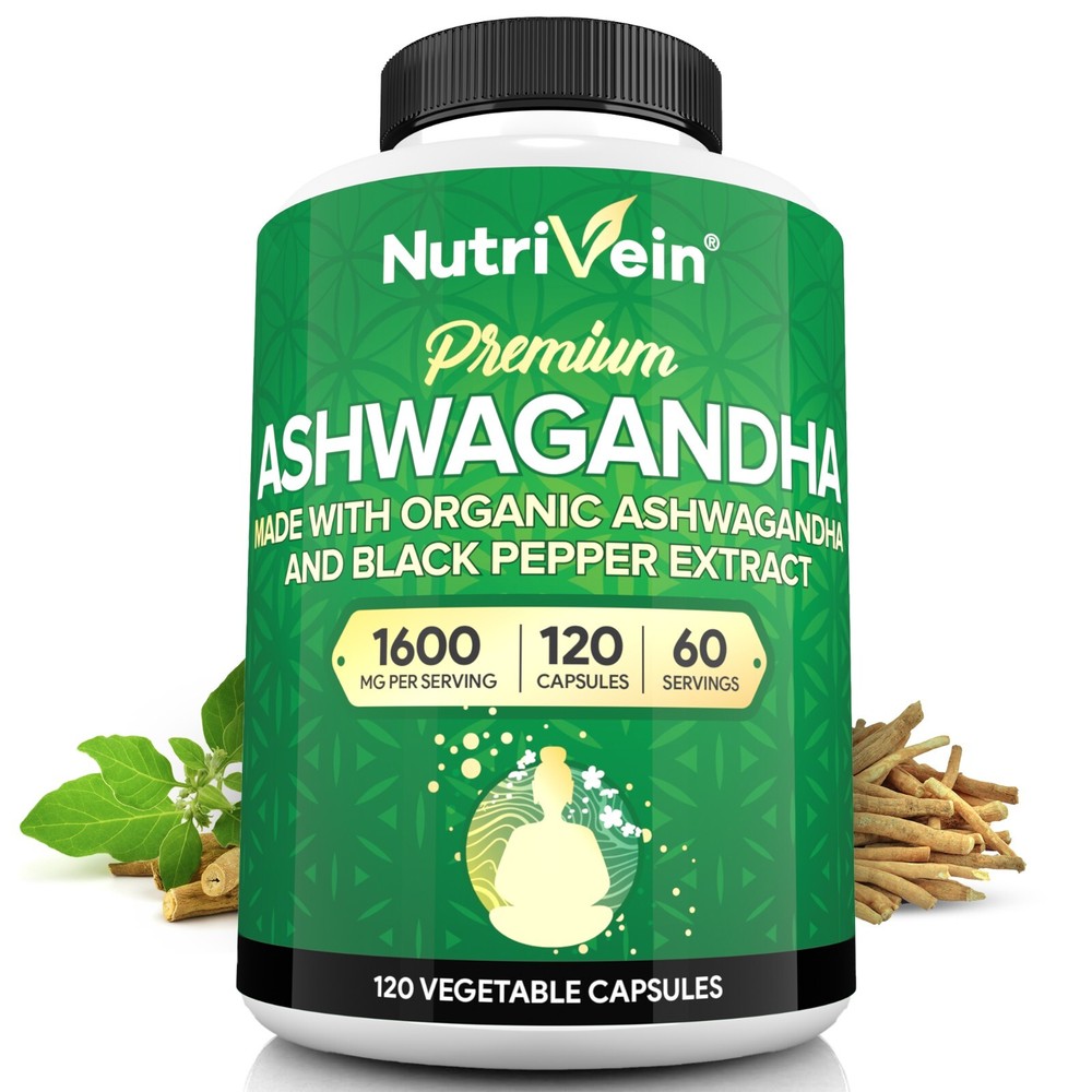 Nutrivein Organic Ashwagandha Capsules 1600mg – 120 Vegan Pills – Stress Support