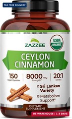 Zazzee USDA Organic Ceylon Cinnamon 20:1 Extract, 150 Vegan Capsules, 5 Month Su