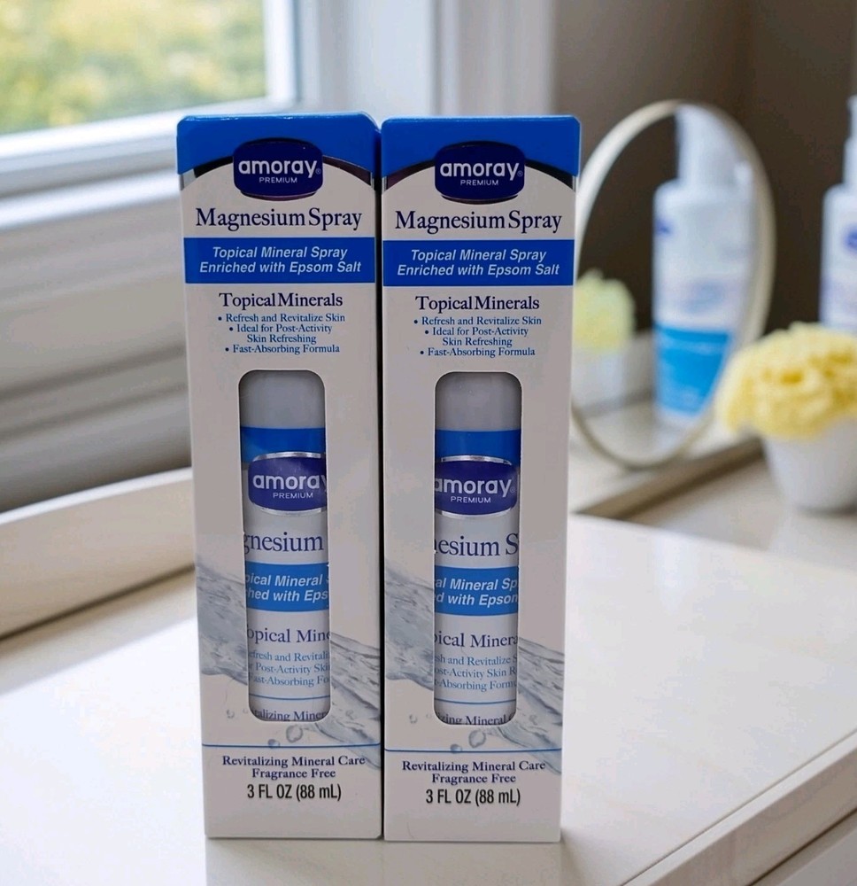 Amoray Premium Magnesium Spray 3 oz Topical Mineral Epsom Salt Pack of 2 New