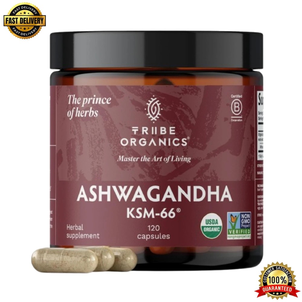 TRIBE ORGANICS Ashwagandha KSM 66 Pure Organic Root Powder Extract – 120 Capsule