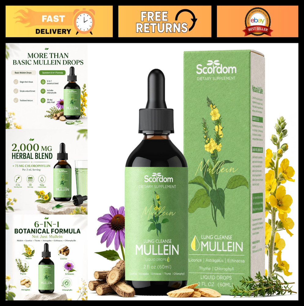 Mullein Leaf Tincture Drops for Lung Health & Detox, 6 Herbs, 2 fl oz – 1 Month