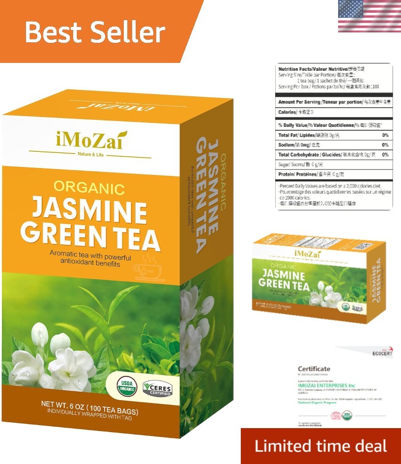 Organic Jasmine Green Tea Bags 100 Count Individually Wrapped | Lower Caffeine |