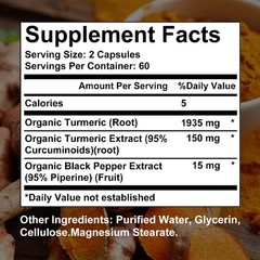 Organic Turmeric Curcumin 1935mg 120 Capsules with Black Pepper & Turmeric(root)