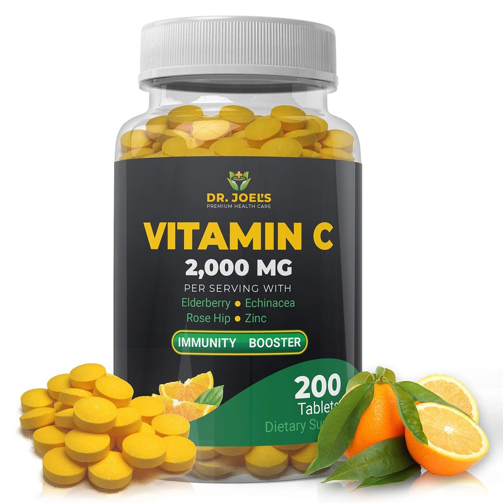 Dr. Joel’s Vitamin C 2000mg Tablets with Zinc, Elderberry – 200 Count