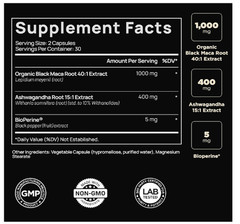 Organic Black Maca Root with Ashwagandha -Highest Potency 40,000mg 40x Strength