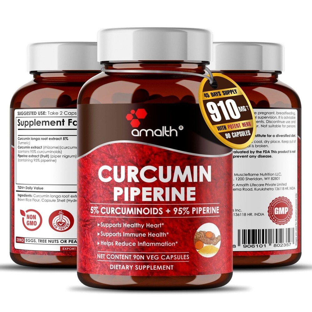 Turmeric Curcumin Extract 95% Piperine Black Pepper 500 mg 90 Capsules By Amalth