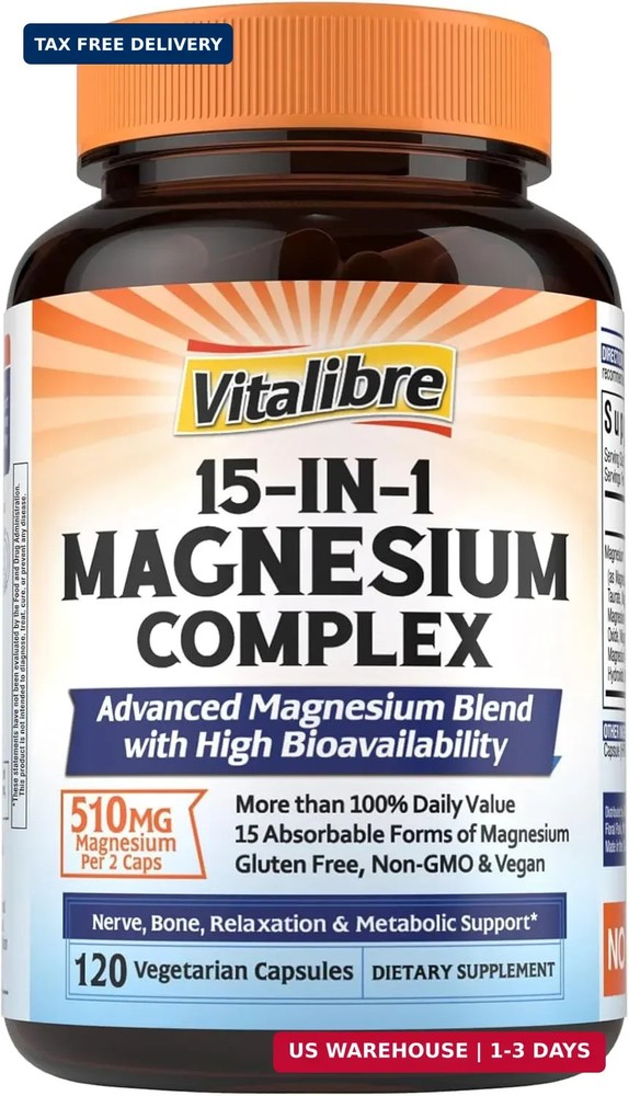Vitalibre 15 in 1 Magnesium Complex Supplement 510mg | Maximum Absorption Glycin