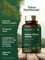 Ginkgo Biloba 3000mg | 200 Tablets | Vegetarian | Tahoe Naturals | by Carlyle