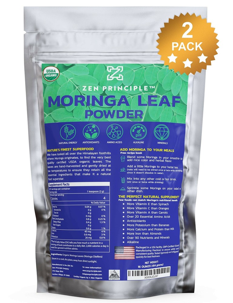 2-Pack Premium Organic Moringa Oleifera Leaf Powder. 100% USDA Certified.