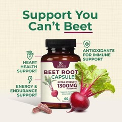 Beet Root Capsules 1300mg – Extra Strength Red Beetroot Powder Supplement – Su