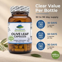 Pure Mountain Botanicals Olive Leaf Extract Capsules – 400mg Organic Olive Leaf