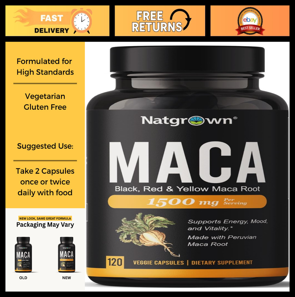 Organic Maca Root Powder Capsules – Black, Red & Yellow – 120 ct, 1500 mg, Vegan