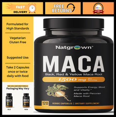 Organic Maca Root Powder Capsules – Black, Red & Yellow – 120 ct, 1500 mg, Vegan