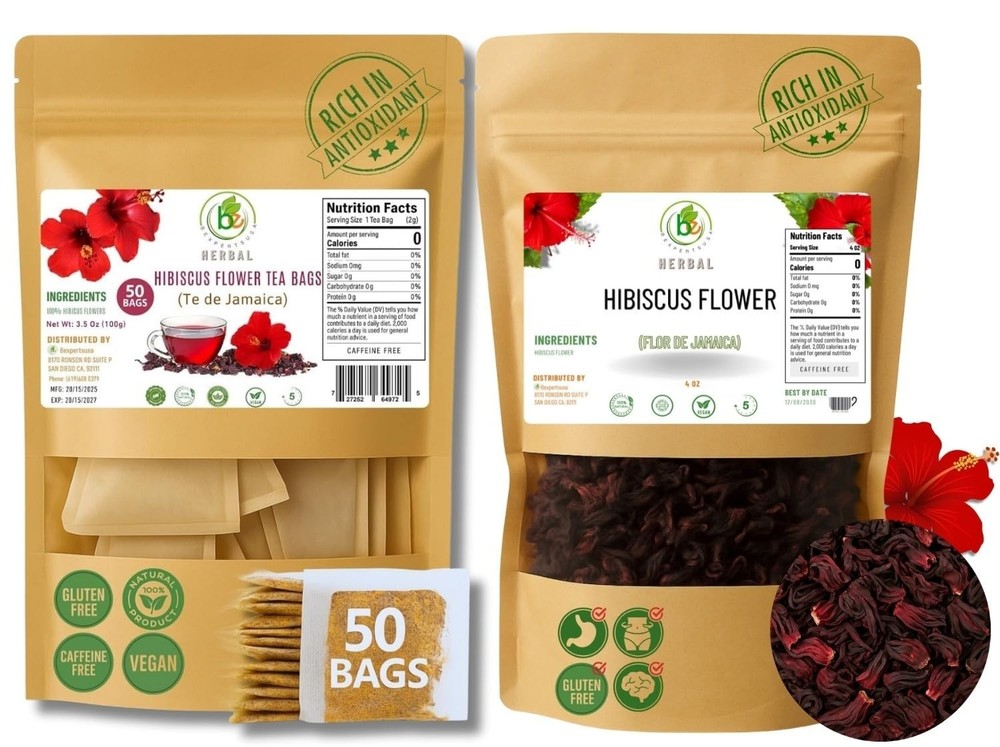 Jamaica (Hibiscus) Tea Combo – 50 Tea Bags (2 g Each) + 4oz Loose Dried Hibiscus