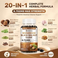 BEWORD 20-in-1 Wormwood Black Walnut Clove Parasite Cleanse | 9600mg Herbal Form