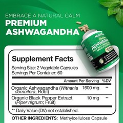 Nutrivein Organic Ashwagandha Capsules 1600mg with 120 Count (Pack of 1)