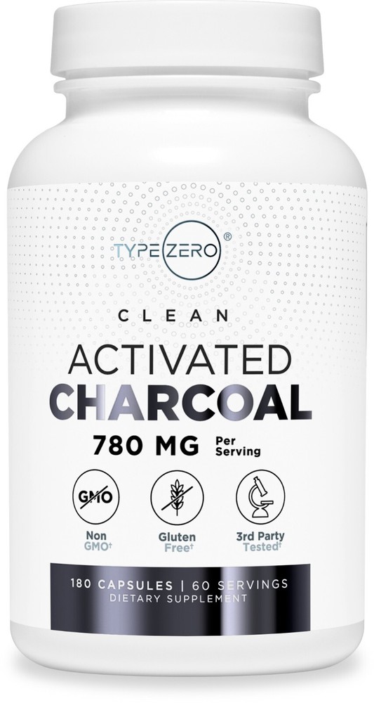 Type Zero Activated Charcoal Capsules (180 Count, 60 Servings) 780mg Per Serving