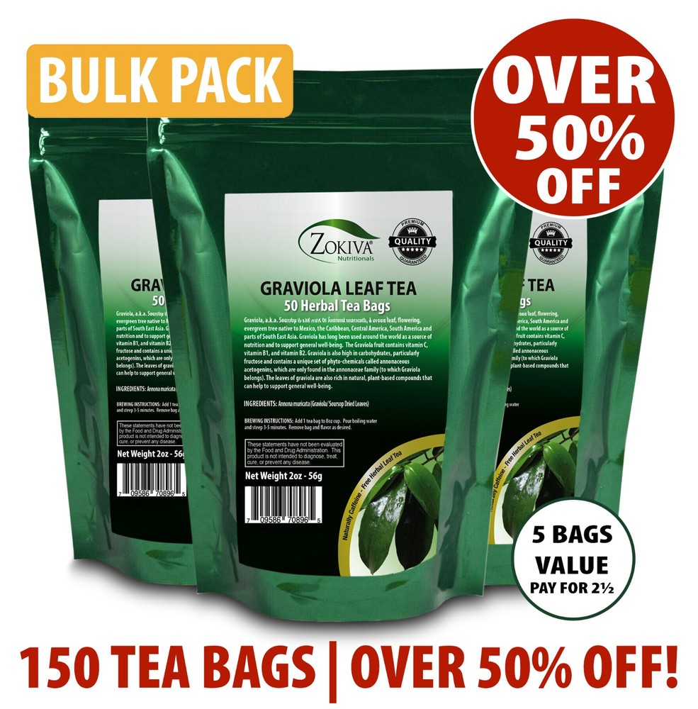 Zokiva Graviola Leaf Tea Bags – 150 Herbal Tea Bags – Soursop- Guanabana