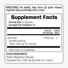 Gotu Kola 12000mg 200 Caps Gluten Free/No Preservatives