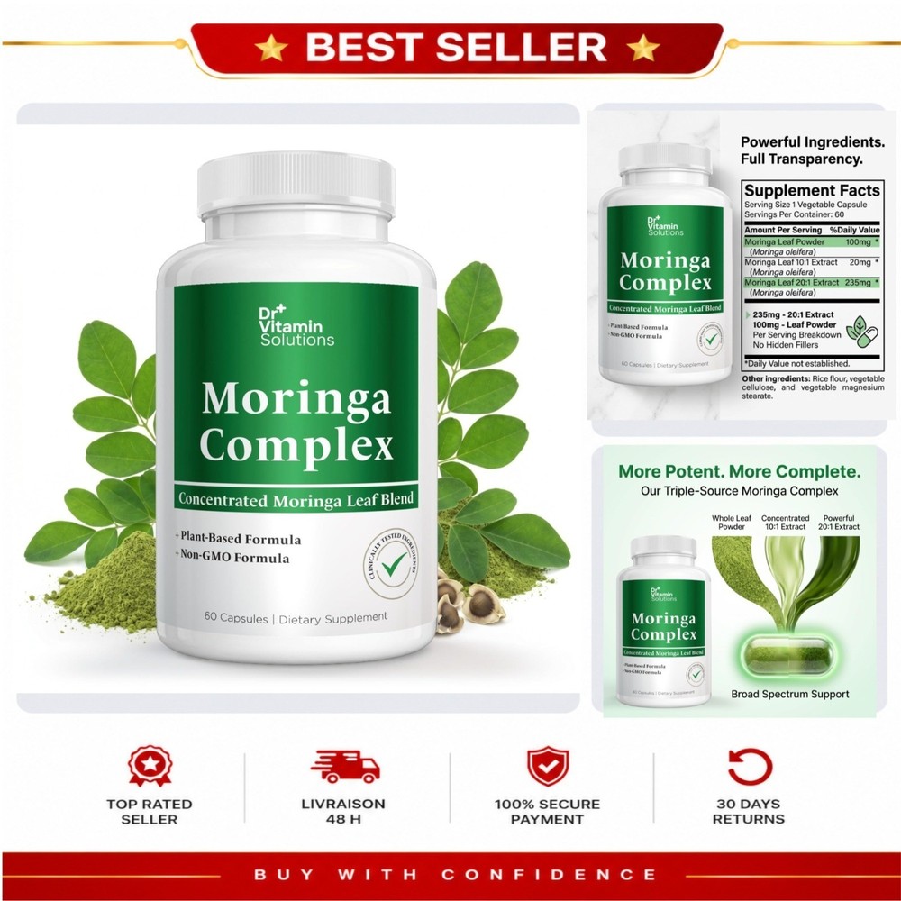 Moringa Capsules 3-in-1 Leaf Extract Energy Immune Support 60 Count