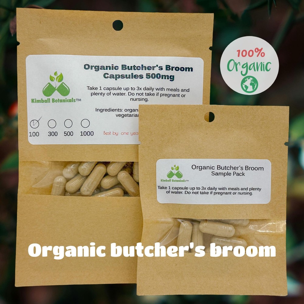 Organic Butcher’s Broom (Ruscus aculeatus) 500mg and 650mg vegetarian capsules,