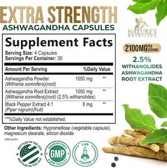 Organic Ashwagandha 2100mg Capsules w/ Black Pepper Root Supplement