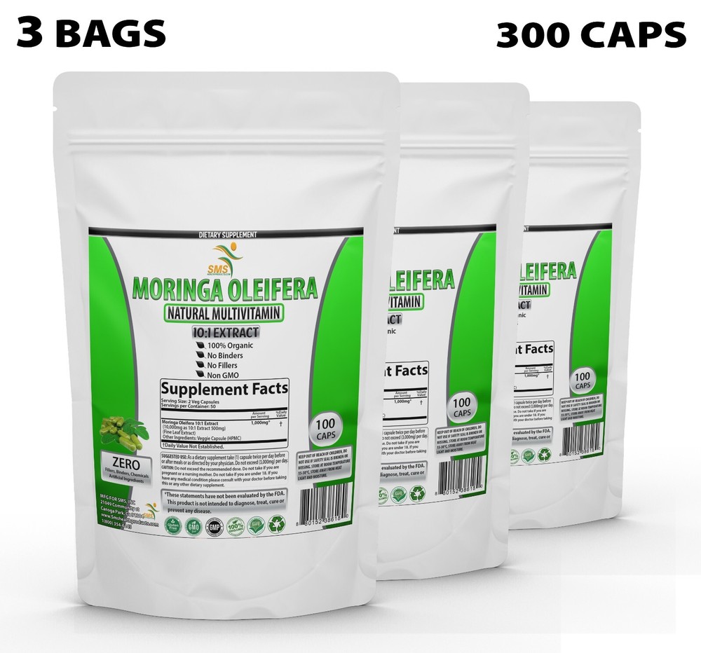 Moringa Oleifera Organic Leaf Extract 10,000mg Serving 100% Pure Capsules 300