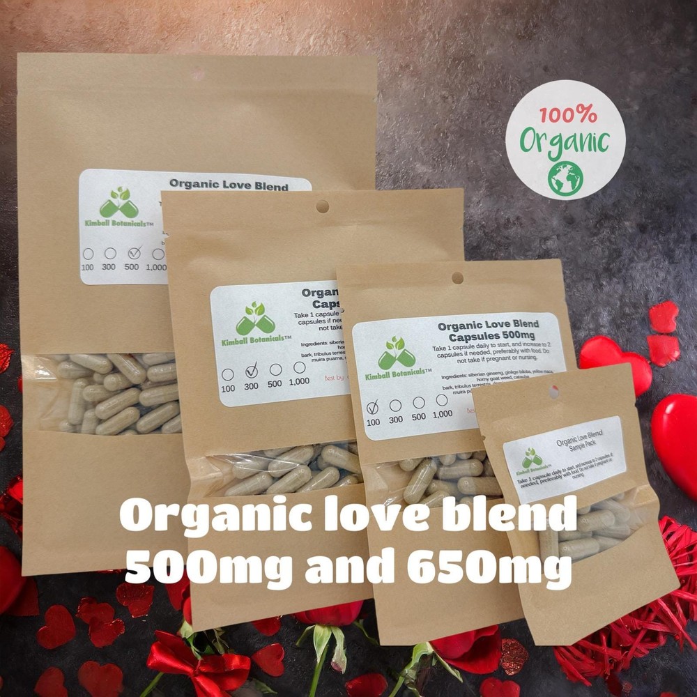 Organic Love Blend 500mg or 650mg vegetarian or pullulan capsules, made fresh