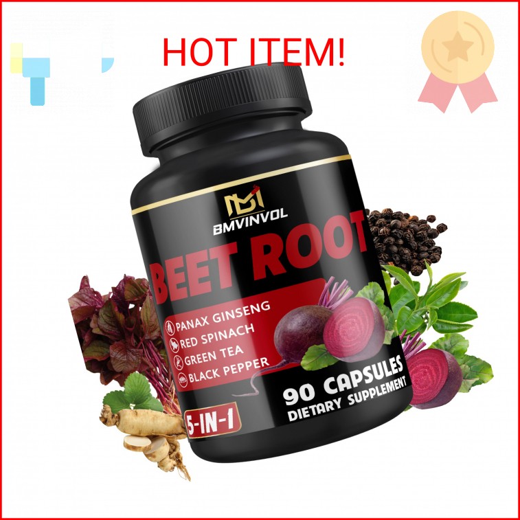 Beet Root Capsules – Green Tea, Red Spinach, Ginseng, Black Pepper – 90 Count –