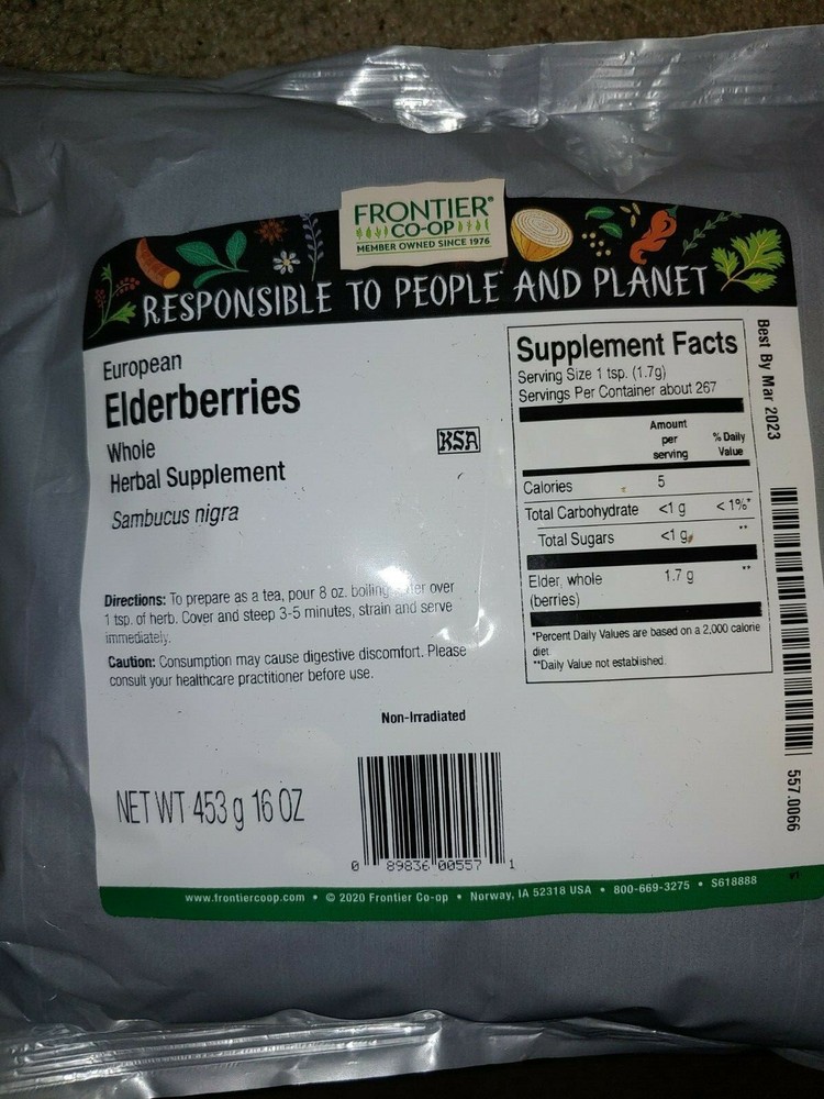 Frontier Elderberries whole dried 1 pound (Priority Mail Shipping)