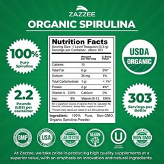 Zazzee USDA Organic Spirulina Powder, 2.2 Pounds (1 KG), 303 Servings, Certif…
