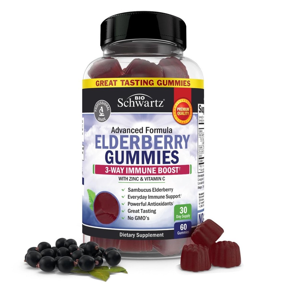 BioSchwartz Elderberry Gummies with Zinc and 60 Count (Pack of 1), Berry