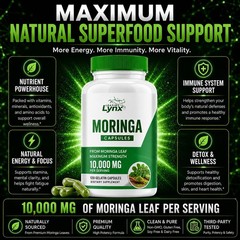Organic Moringa Powder Capsules – 10000mg of Pure Nutrient – 120 Capsules 🌿