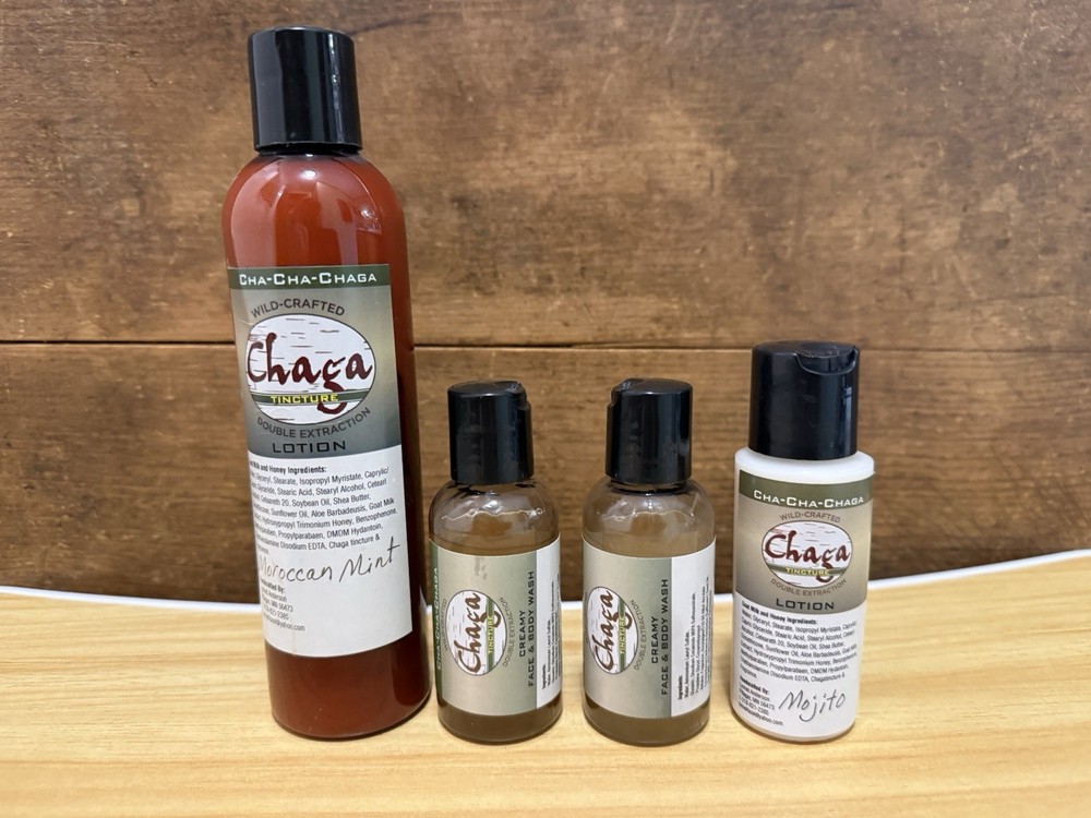 Chaga Mushroom Dual Extract Liquid Tincture Lotion, Body Wash Set Of 4, New!