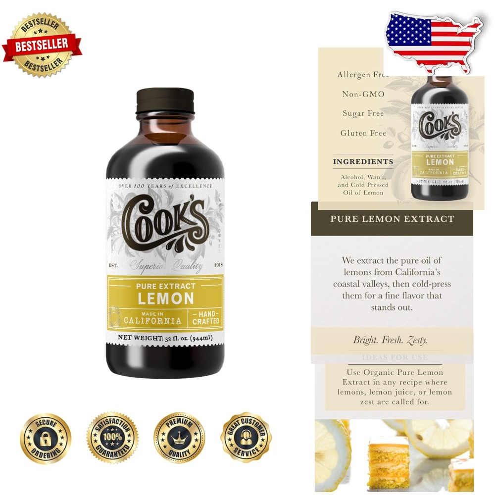Pure Lemon Extract 32 Fl Oz Bottle – Cold Pressed, Allergen-Free