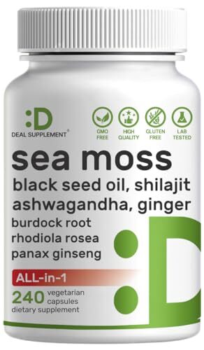 Irish Sea Moss bladderwrack Burdock Root w/ Black Seed Oil Ashwagandha 240 Pills