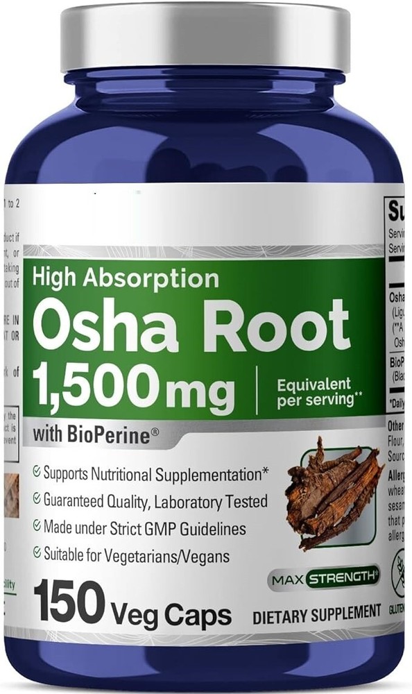 Osha Root 1500mg 150 Caps Non-GMOGluten FreeBioperine Ligusticum porte