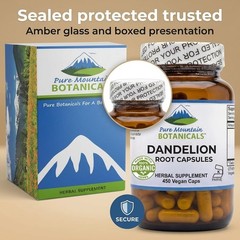 Pure Mountain Dandelion Root Capsules – 450mg Organic Kosher Vegan Supplement