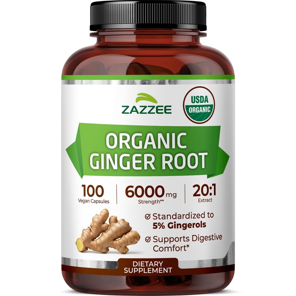 Organic Ginger Root Extract Capsules – 20:1 Potency, 5% Gingerols, 100 Count