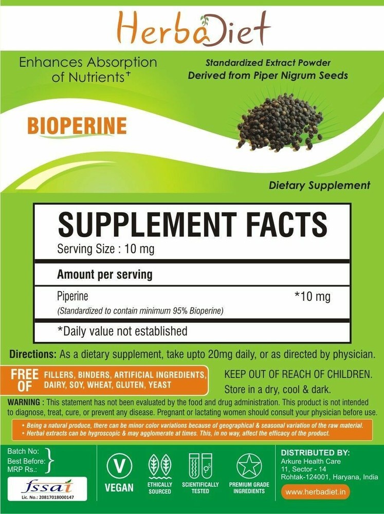 Bioperine 95% Black Pepper Extract Powder Piperine Bioavailability Enhancer 25g