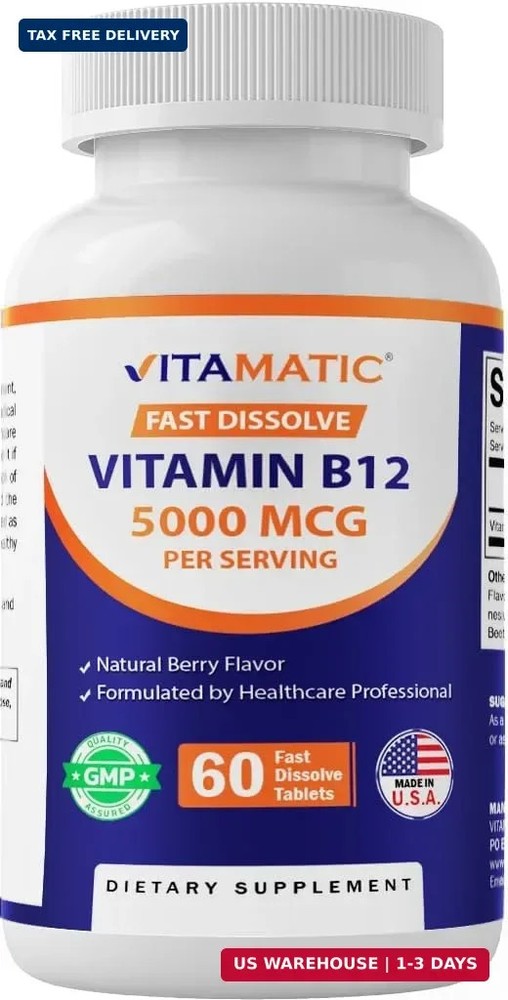 Vitamatic Vitamin B12 5000 mcg – 60 Fast Dissolve Tablets Berry Flavor – Support