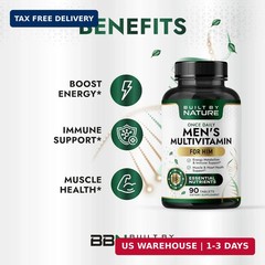 Built by Nature Multivitamin for Men – 90 Tablets Daily Immune Support, Energy S