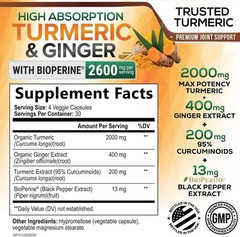 Turmeric Curcumin with Ginger – 95% Curcuminoids 2600mg Max potency w BioPerine