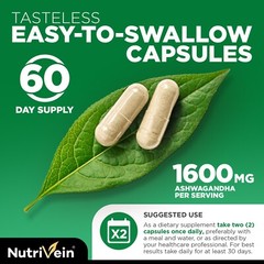Nutrivein Organic Ashwagandha Capsules 1600mg – 120 Vegan Pills – Stress Support