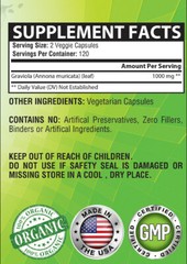Pure 100% Organic Graviola Soursop Leaf VEGGIE CAPSULES (1000 MG)