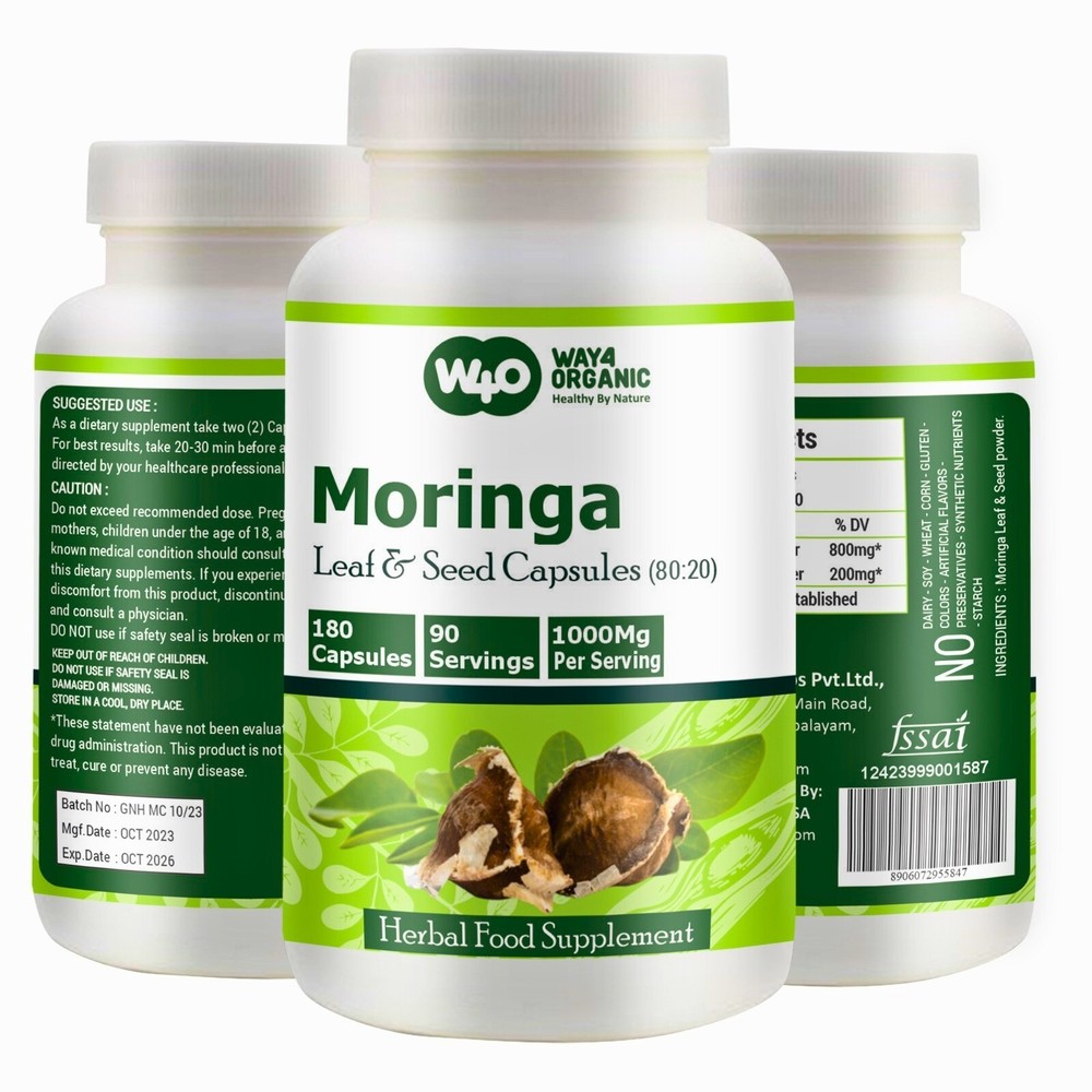 Moringa Oleifera Leaf & Seed Powder 80:20 – 180 Capsules, 1000mg (1 Packs)